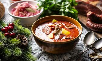 jul kål soppa, en traditionell östra europeisk jul maträtt foto
