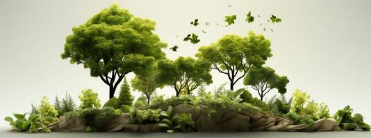 skön grön små ö landskap med träd och strålar av solljus ozon lager bakgrund med berg och fåglar. generativ ai foto