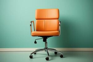 äkta läder kontor stol för verkställande officer, isolerat på ljus blå bakgrund med klippning väg. generativ ai foto