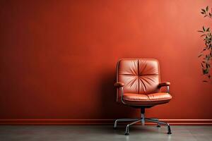 äkta läder kontor stol för verkställande officer, på röd bakgrund med klippning väg. generativ ai foto