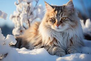 norska skog katt manlig i vit snöig skog. generativ ai foto