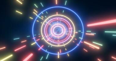 abstrakt flerfärgad energi trogen hi-tech tunnel av flygande cirklar och rader neon magi lysande bakgrund foto