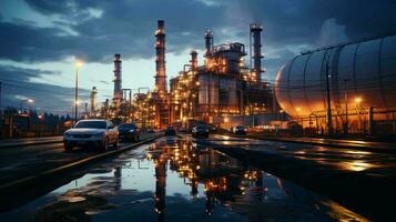 industriell olja raffinaderi petrokemiska kemisk växt med Utrustning och lång rör på natt. ai genererad foto