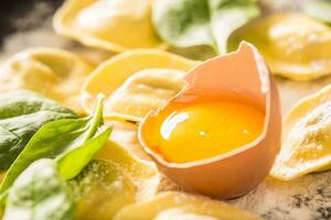 rå ravioli med mjöl ägg musiker och och spenat. italiensk eller medelhavs friska kök foto