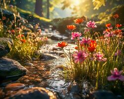 ai genererad. fascinerande blommor förbi en kristall klar ström. foto