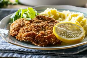 gott friterad schnitzel eras med mosad potatisar och grönt med en skiva av citron- foto