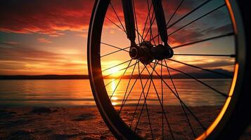 solnedgång bakgrund med cykel hjul. silhuett begrepp foto