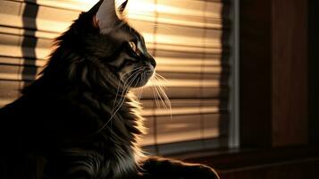 solljus från de fönster slingor de översikt av en randig katt. silhuett begrepp foto
