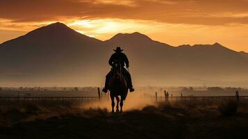 cowboy på häst innan de brobyggare bergen i montana på soluppgång. silhuett begrepp foto