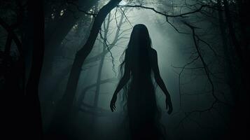 skrämmande kvinna spöke med svart hår i en mörk skog. silhuett begrepp foto