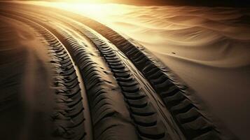 abstrakt bild av däck Spår i sand representerar transport eller svår väder trafik betingelser. silhuett begrepp foto