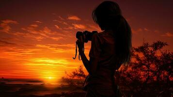 solnedgång silhuett av en flicka fotograf foto