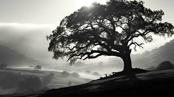 svartvit bild av en enorm ek träd på en dimmig kalifornien backe på soluppgång. silhuett begrepp foto