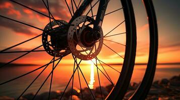 solnedgång bakgrund med cykel hjul. silhuett begrepp foto
