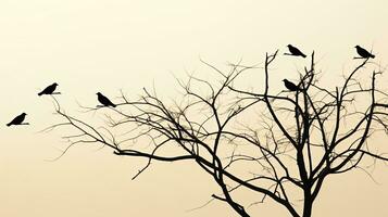 svartvit bild av fågel skuggor på träd grenar. silhuett begrepp foto
