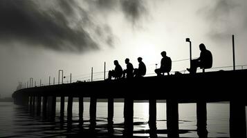 svart och vit fotografera av människor vilar på en hav pir. silhuett begrepp foto