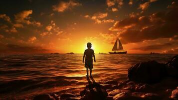 pojke s översikt i solnedgång på de hav. silhuett begrepp foto