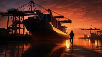 solnedgång ankomst av en behållare fartyg i hamn. silhuett begrepp foto