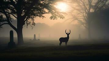 dimmig morgon- silhuett av en rådjur i kyrkogård foto