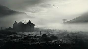 dimmig morgon- scen med förstörd hus och bergen i de bakgrund fångad i svart och vit. silhuett begrepp foto