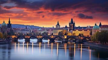 soluppgång i de tjeck republik på charles bro i prag s gammal stad. silhuett begrepp foto