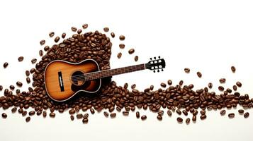 kaffe bönor formad in i musik anteckningar och gitarr översikt isolerat på en vit bakgrund. silhuett begrepp foto