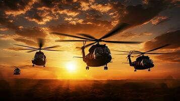 fem militär helikoptrar silhouetted mot en gyllene solnedgång himmel foto