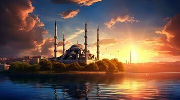 solnedgång i istanbul Kalkon ställer ut de fantastisk silhuett av de blå moské foto