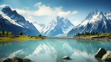 landskap fotografi fångande de naturskön cheery sjö och snöig Monte bianco bergen i chamonix Frankrike alperna. silhuett begrepp foto