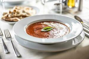 italiensk krämig tomat soppa med basilika lämna på topp foto