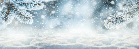 abstrakt jul bakgrund vinter- snöig landskap och gran eller tall grenar. vinter- panorama- baner foto