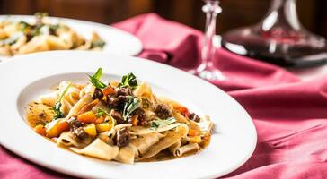 idaliskt pasta pappardelle med nötkött ragu på vit tallrik och röd vin foto