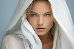 hudvård kvinna vit mode rena hud ung tyg porträtt färsk ansikte skönhet foto
