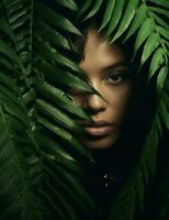djungel kvinna modell semester ansikte solbränna tropisk hud porträtt grön skönhet foto