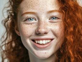 ansikte kvinna modell skönhet vit hudvård porträtt hud närbild fräknar ung. generativ ai. foto