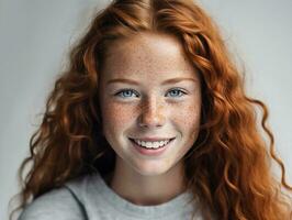 kvinna fräknar ung hud modell närbild porträtt ansikte skönhet anbud vit. generativ ai. foto