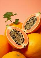 blad färsk saftig papaya orange mat frukt mogen frön tropisk foto