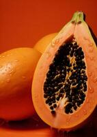 ljus blad mogen tropisk papaya mat frön ljuv färsk orange saftig frukt foto