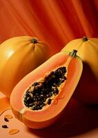 blad mat färsk frukt orange papaya mogen frön tropisk saftig foto