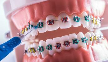 tand modell från dental tandställning med inter dental tänder rengöring borsta foto