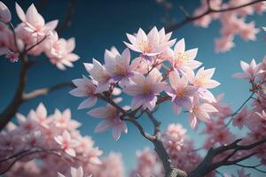 körsbär blomma sakura blomma på blå himmel bakgrund, ai generativ foto