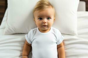 bebis bär vit skjorta kroppsdräkt attrapp på vit säng bakgrund foto