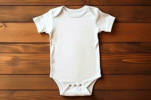 vit bebis flicka eller pojke kroppsdräkt attrapp platt lägga på trä- bakgrund foto