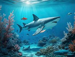 underbar och skön under vattnet värld med haj, koraller och tropisk fisk. foto