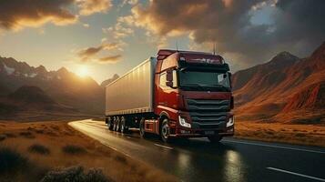 en stor lastbil är körning längs de motorväg leverera varor. de begrepp av logistik och leverans rutter förbi väg. ai genererad foto