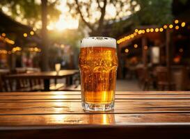 råna av öl på en trä- tabell i en pub med bokeh ai genererad foto