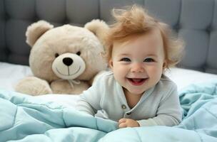 bebis barn med teddy Björn ai genererad foto