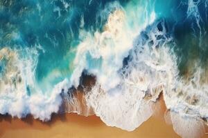 över huvudet Foto av kraschar vågor på de strandlinje. tropisk strand surfa. abstrakt antenn hav se. ai genererad