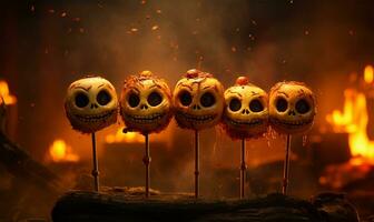 halloween fest begrepp. grillspett med skrämmande ansikten på brand bakgrund ai genererad foto