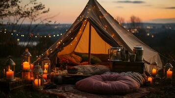 generativ ai, romantisk camping med lykta lampor, kuddar, filt. stad se i de kväll foto